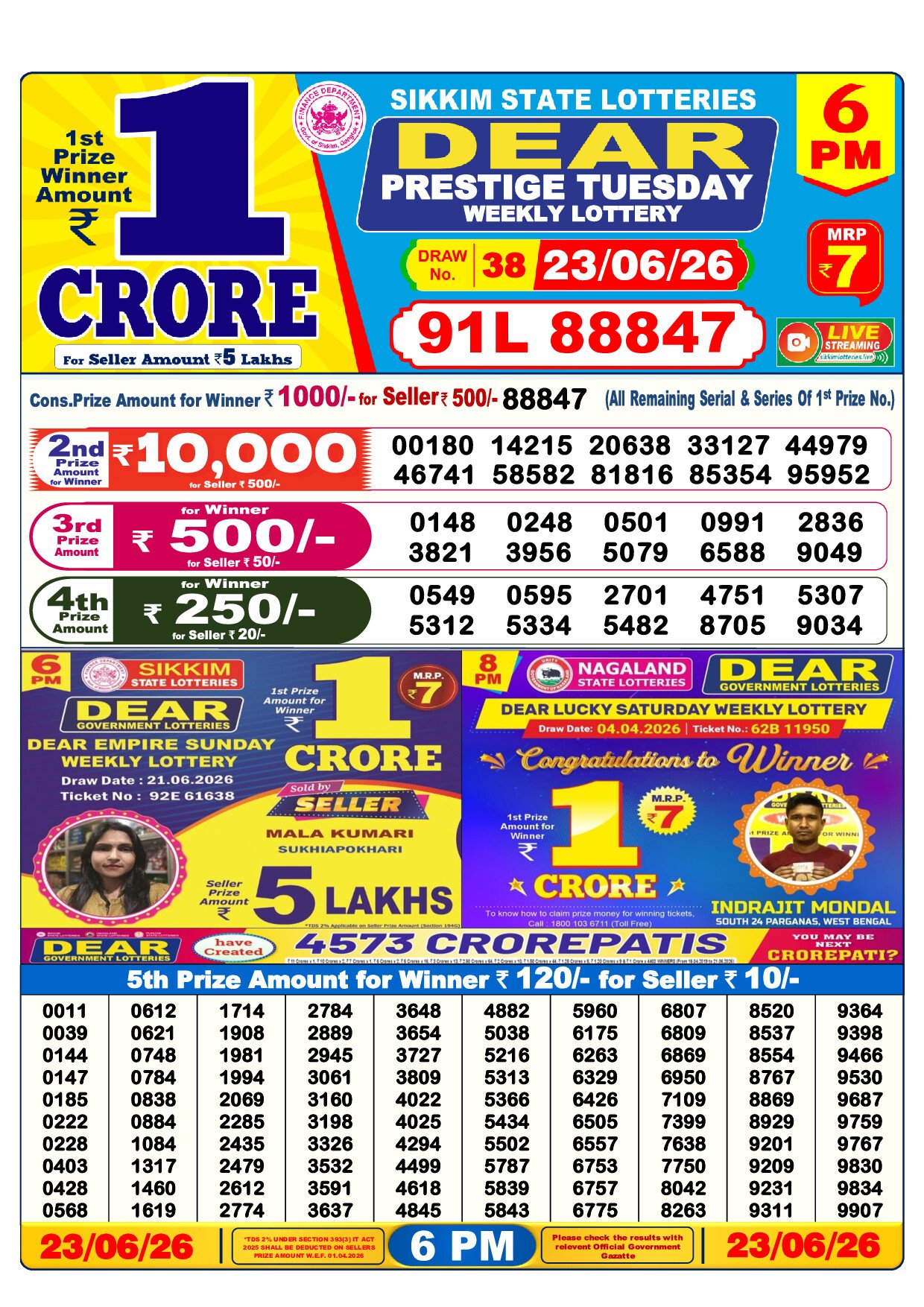 6 PM Lottery Result